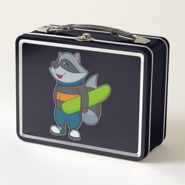 Raccoon as Snowboarder with Snowboard Metal Lunch Box (Front)