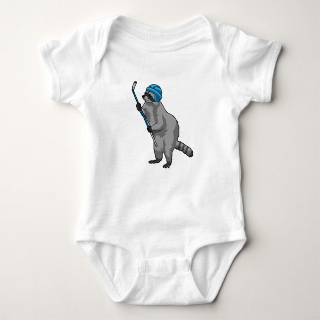 Raccoon at Ice hockey with Ice hockey stick Baby Bodysuit (Front)