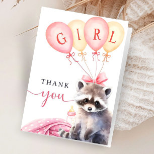 Raccoon Baby Shower Girl Pink Folded Thank You Card