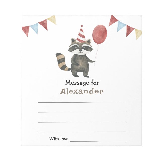 Raccoon birthday time capsule message notepad (Front)