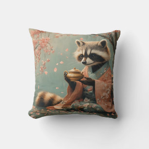 Raccoon Buddha: Peaceful Tea Under Cherry Tree Cushion