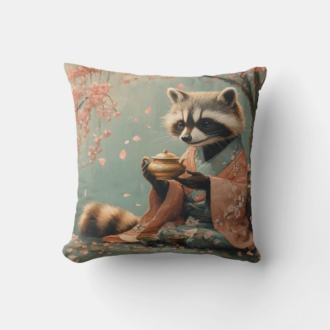 Raccoon Buddha: Peaceful Tea Under Cherry Tree Cushion (Front)