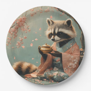 Raccoon Buddha: Peaceful Tea Under Cherry Tree Paper Plate