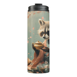 Raccoon Buddha: Peaceful Tea Under Cherry Tree Thermal Tumbler