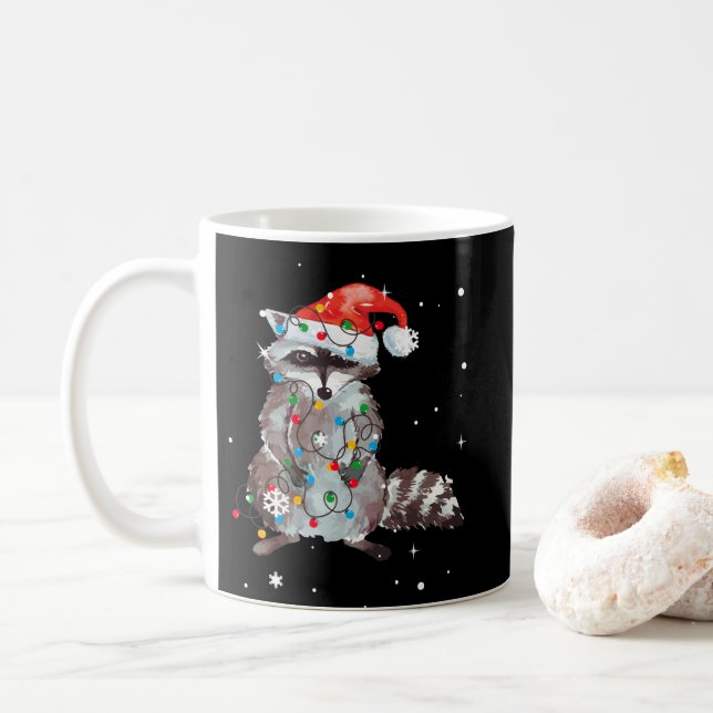 Raccoon Christmas Tree Lights Pajama Raccoon Lover Coffee Mug (With Donut)