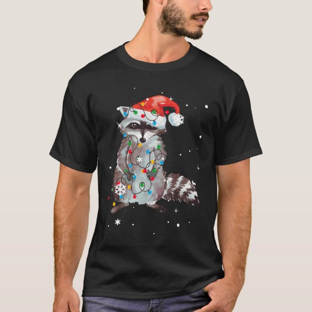 Raccoon Christmas Tree Lights Pajama Raccoon Lover T-Shirt (Front)