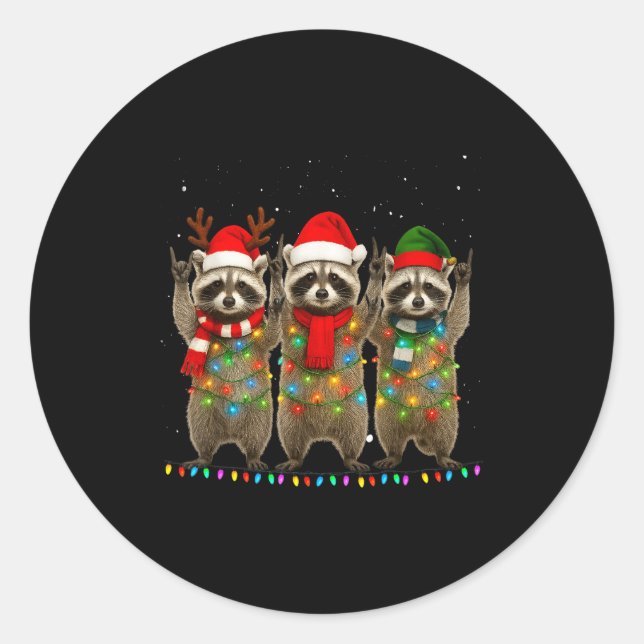 Raccoon Christmas Tree Lights Pajama Racoon Lover  Classic Round Sticker (Front)