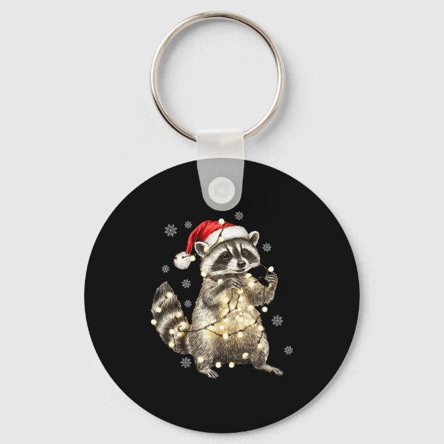 Raccoon Christmas Tree Lights Pajama Racoon Lover  Key Ring (Front)