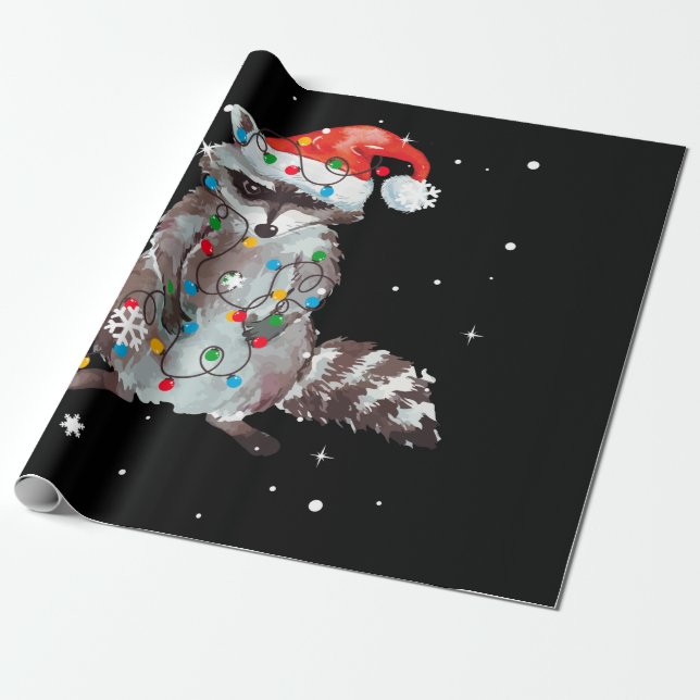 Raccoon Christmas Tree Lights Pajama Racoon Lover Wrapping Paper (Unrolled)