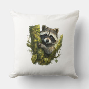 raccoon climbing up a tree in a forest. cushion