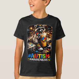 Raccoon drinking iced coffee autism awareness T-Shirt