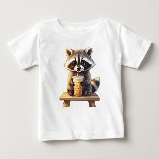Raccoon Drinking Iced Coffee Baby T-Shirt (Front)
