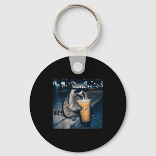 Raccoon drinking iced coffee funny animal meme key ring