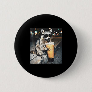Raccoon drinking iced coffee funny animal meme men 6 cm round badge