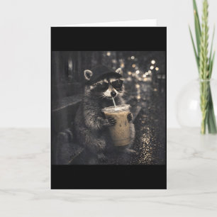Raccoon Drinking Iced Coffee Funny Animal Meme Men Card