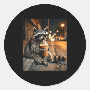 Raccoon drinking iced coffee funny animal meme men classic round sticker