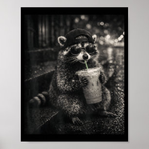 Raccoon drinking iced coffee funny animal meme men poster