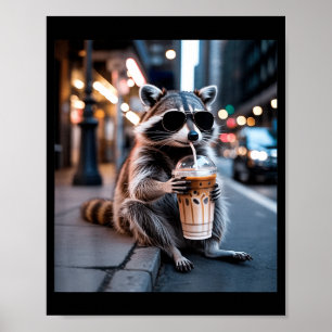 Raccoon drinking iced coffee funny animal meme men poster