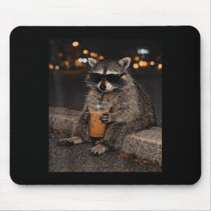 Raccoon drinking iced coffee funny animal meme mouse pad