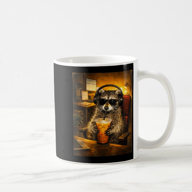 Raccoon drinking iced coffee funny caffeine lover mug (Right)