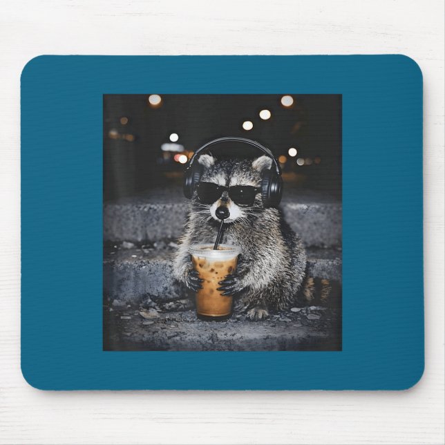 Raccoon Drinking Iced Coffee Funny Design Mouse Pad (Front)