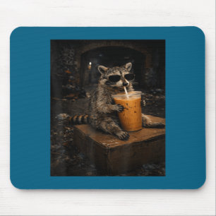 Raccoon Drinking Iced Coffee Funny Illustration Mouse Pad