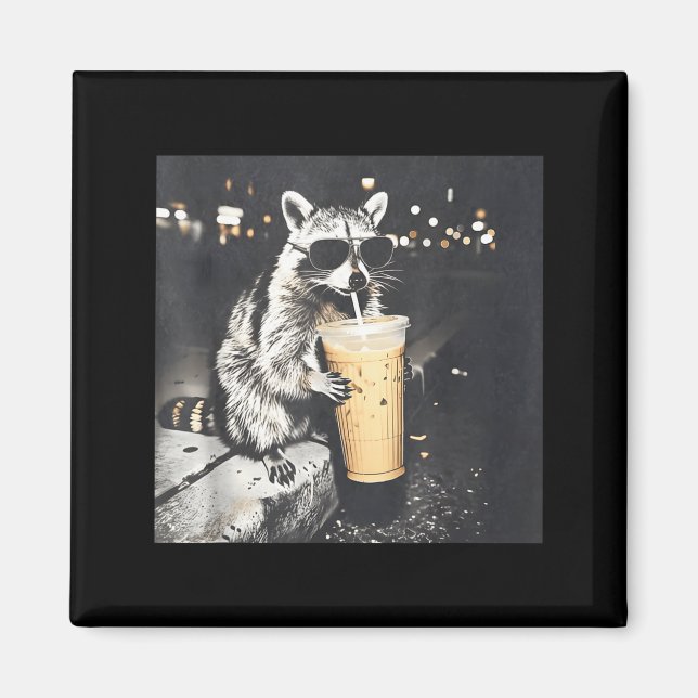 Raccoon drinking iced coffee funny meme ghraphic  magnet (Front)