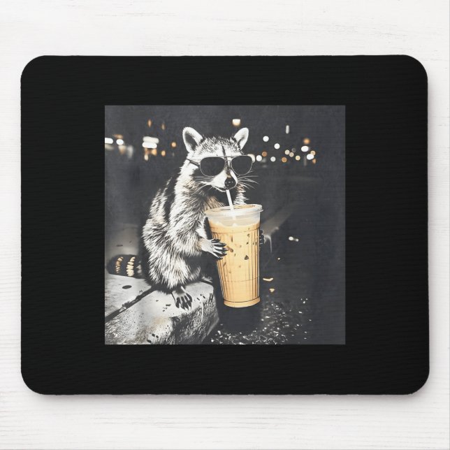 Raccoon drinking iced coffee funny meme ghraphic  mouse pad (Front)