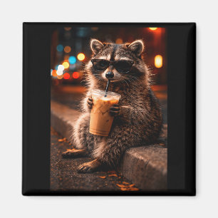 Raccoon drinking iced coffee funny trash panda magnet