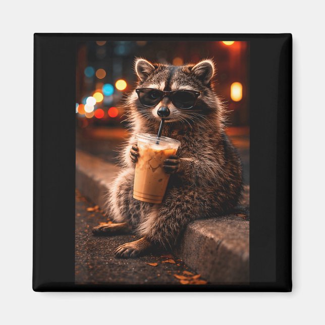 Raccoon drinking iced coffee funny trash panda magnet (Front)