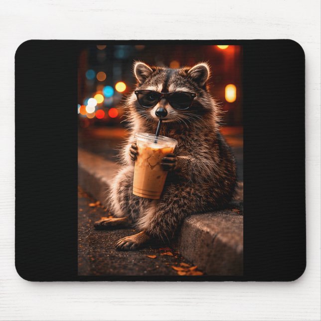 Raccoon drinking iced coffee funny trash panda mouse pad (Front)