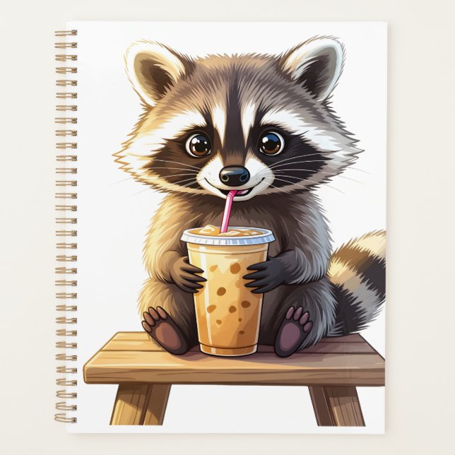 Raccoon Drinking Iced Coffee Planner (Front)