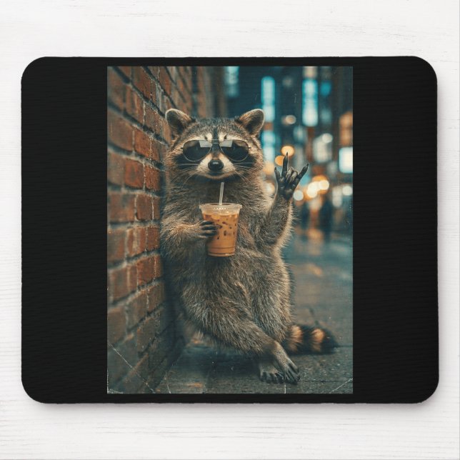 Raccoon drinking iced coffee rock on meme funny  mouse pad (Front)