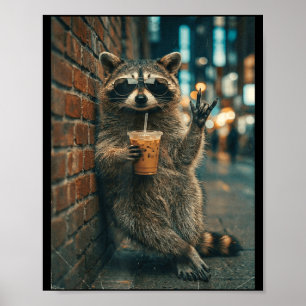 Raccoon drinking iced coffee rock on meme funny poster