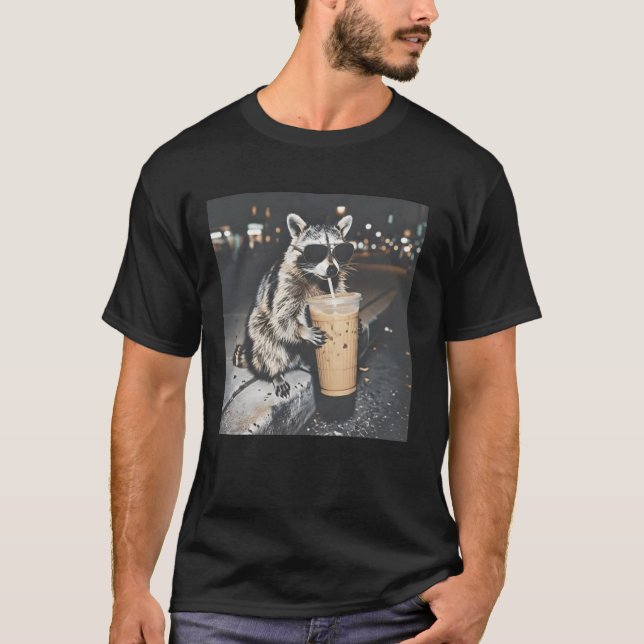 Raccoon Drinking Iced Coffee Shirt (Front)