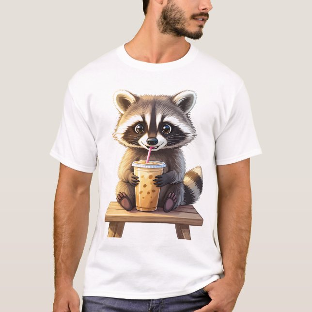 Raccoon Drinking Iced Coffee T-Shirt (Front)