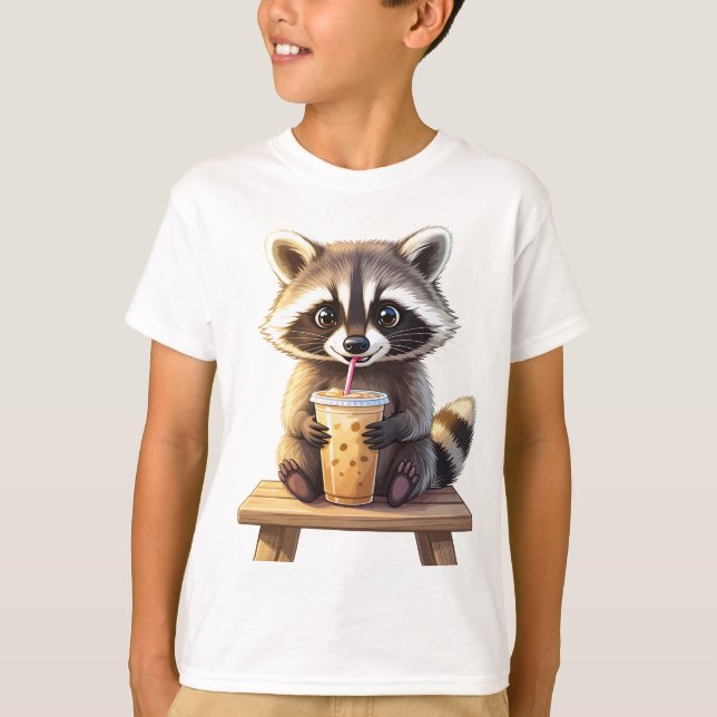 Raccoon Drinking Iced Coffee T-Shirt (Front)