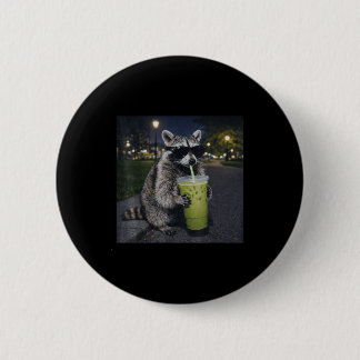Raccoon drinking iced matcha latte funny animal 6 cm round badge