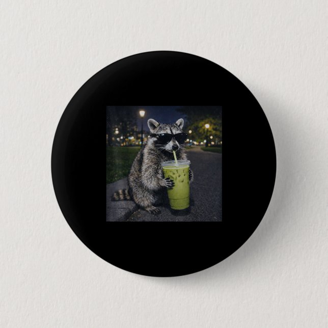 Raccoon drinking iced matcha latte funny animal 6 cm round badge (Front)
