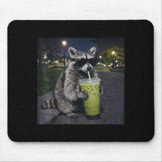 Raccoon drinking iced matcha latte funny animal mouse pad