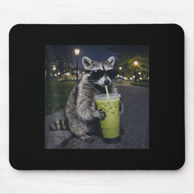 Raccoon drinking iced matcha latte funny animal mouse pad (Front)