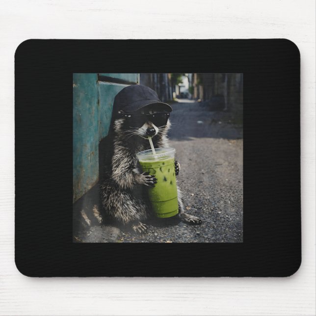 Raccoon drinking matcha latte funny animal meme me mouse pad (Front)