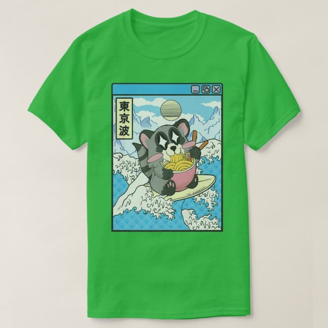 Raccoon Eating Ramen Japanese Waves Anime Digital  T-Shirt (Design Front)
