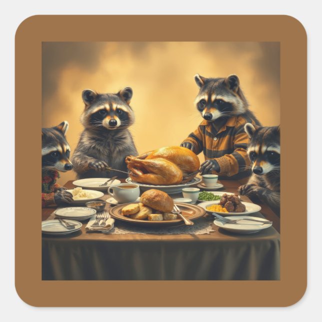 Raccoon Family Thanksgiving Square Sticker (Front)
