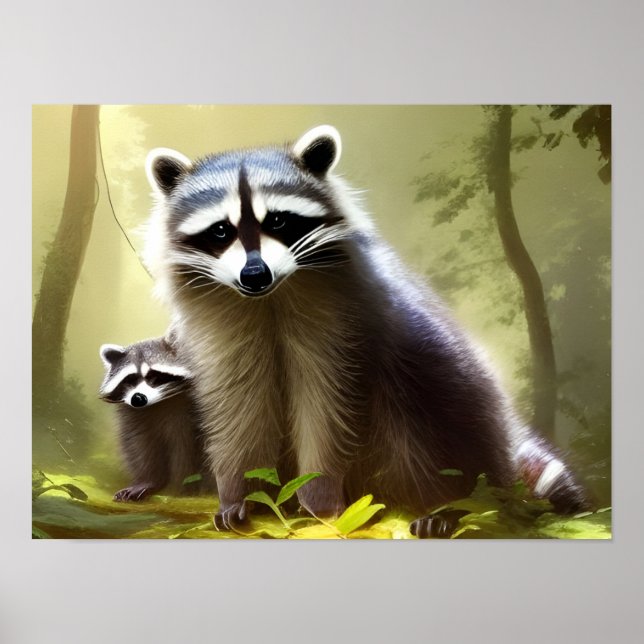 Raccoon Family Wildlife Portrait   Poster (Front)