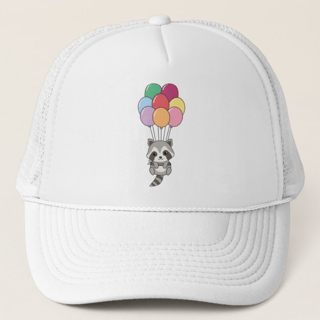 Raccoon Flies Up With Colorful Balloons Trucker Hat (Front)