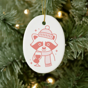 Raccoon funny wine girly pink Christmas aesthetic Ceramic Tree Decoration