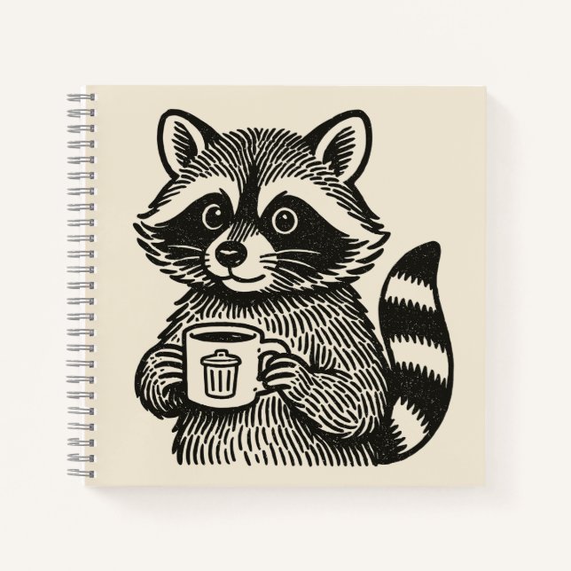 Raccoon Holding a Coffee Cup Funny Trash Panda Notebook (Front)