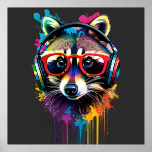 Raccoon in headphones and glasses poster