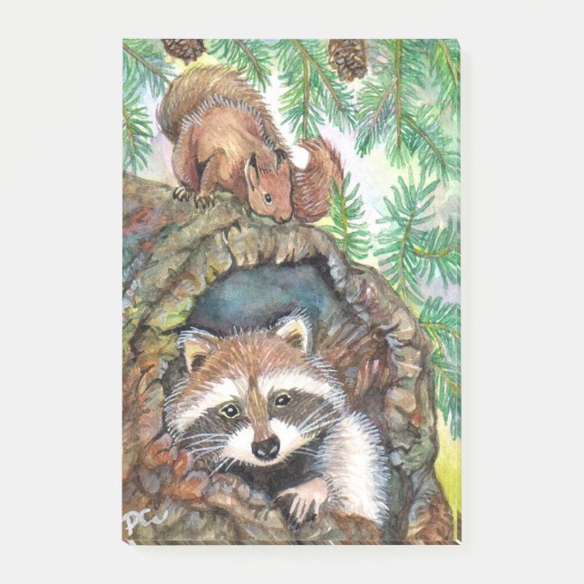 Raccoon In The Tree Hole With Squirrel Post-it Notes (Front)